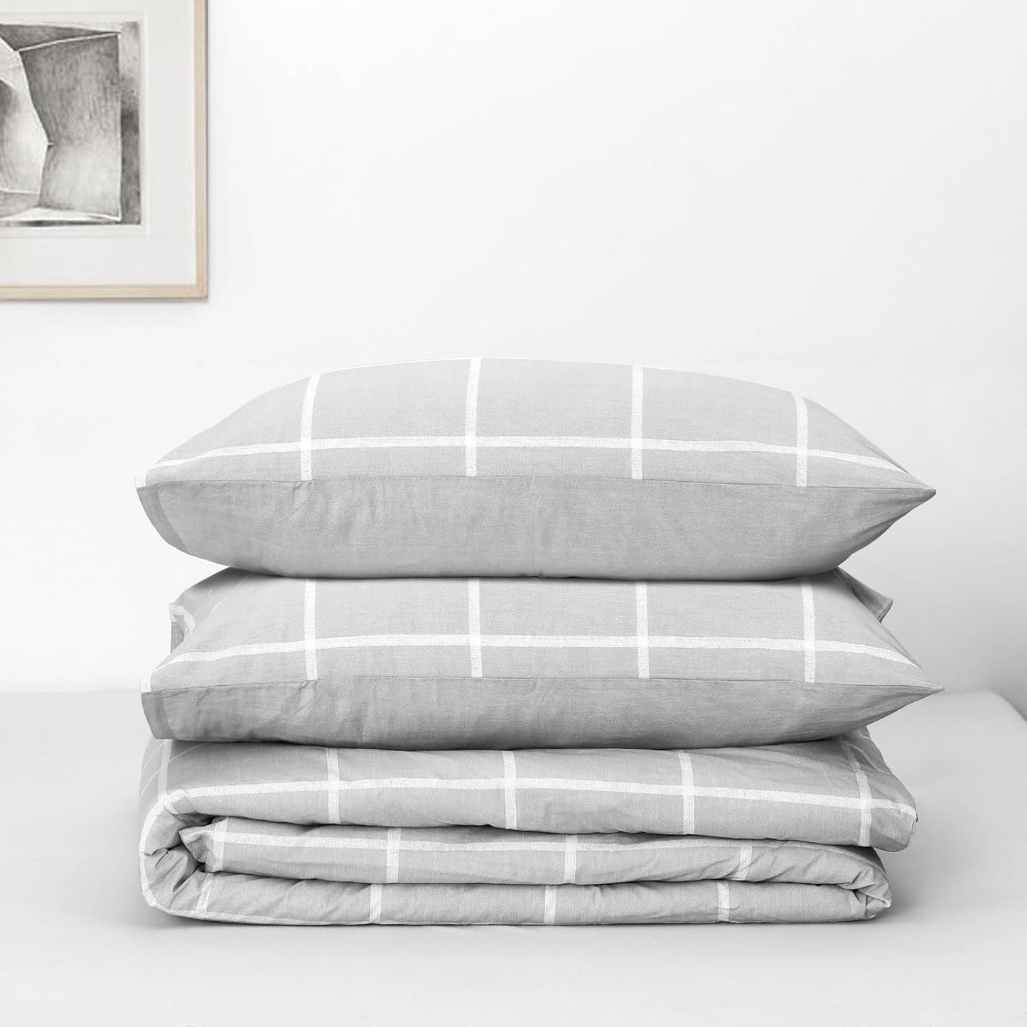 225TC Soft and Cozy Hypoallergenic Cotton Washed Quilt Cover Set - Checkered Grey