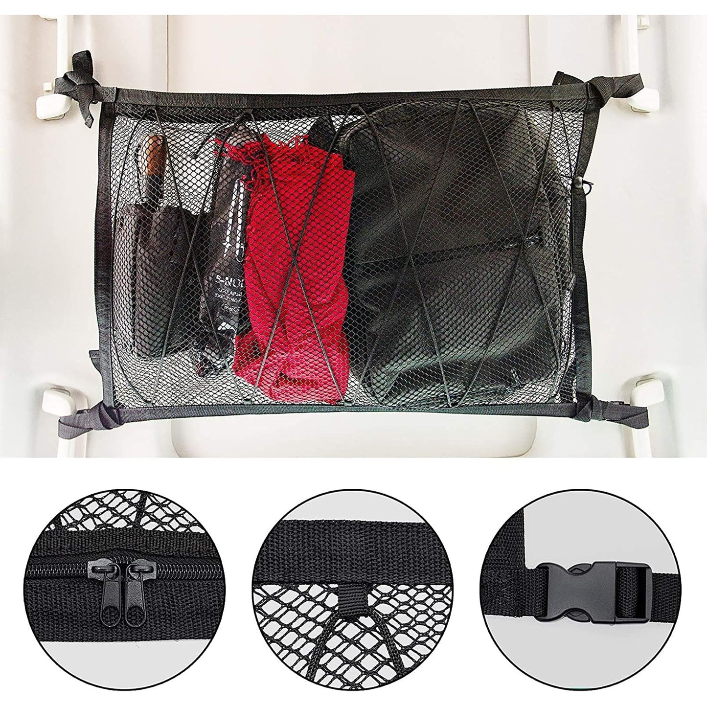 Double Layer Mesh SUV Roof Organizer Long Trip Storage Bag - Black
