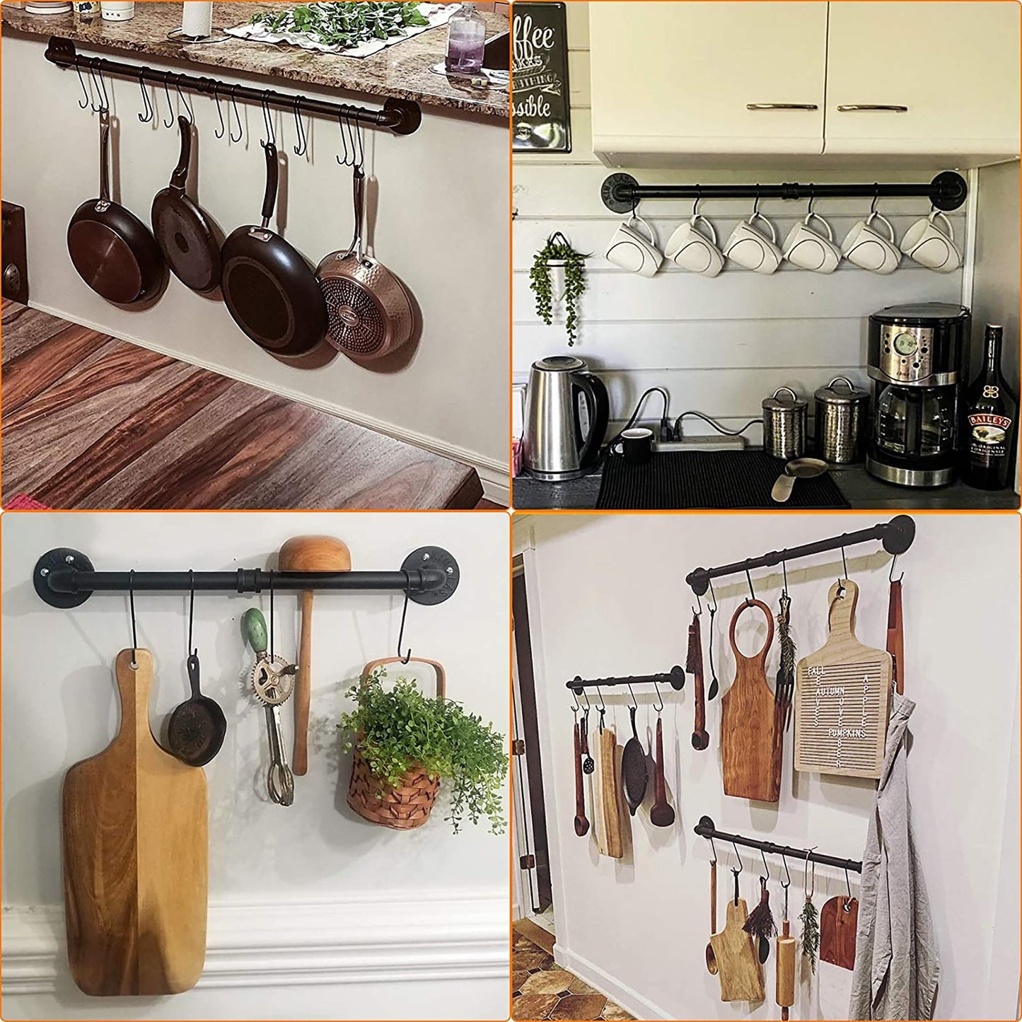 Kitchen Wall Mounted Detachable Organizer Hanging Rail with 10 Hooks 60 cm - Black