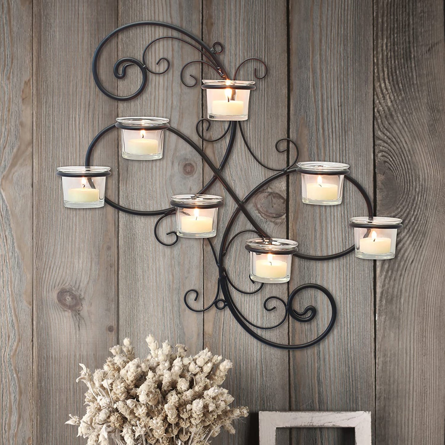 Decorative Black Scrolled Ivy Metal Tea Light Candle Holder Hanging Wall Sconce 7 - Black