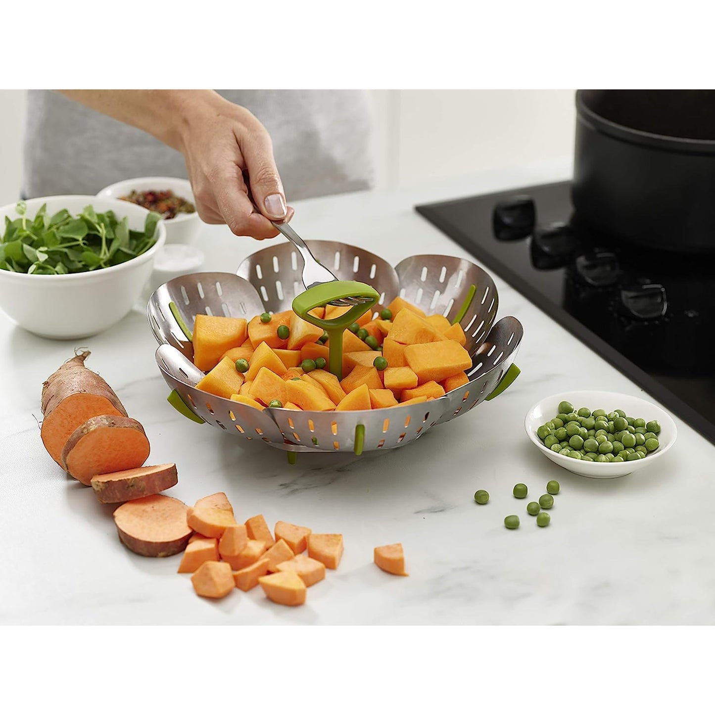 Extra Large Stainless Steel Folding Steamer Basket - Green