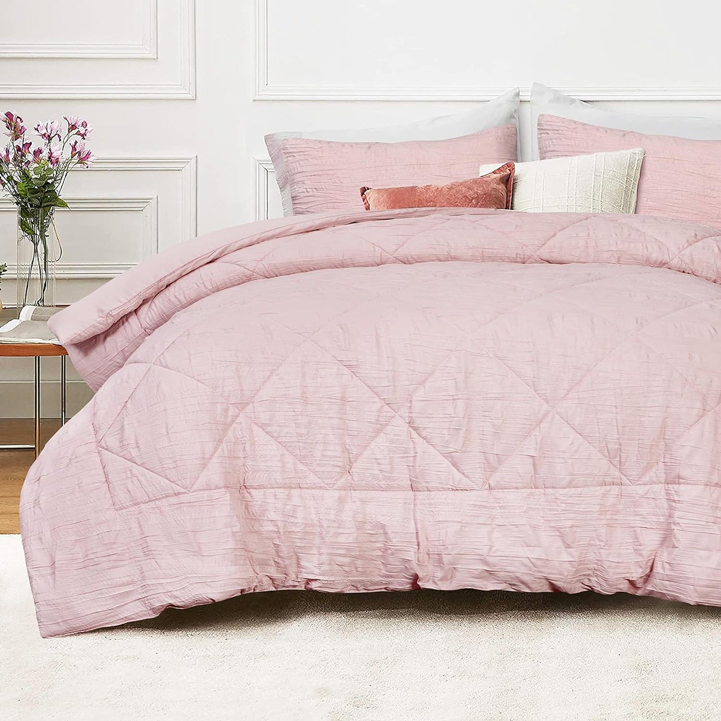 Warm and Cooling Crinkled Comforter Bedding Set - Blush