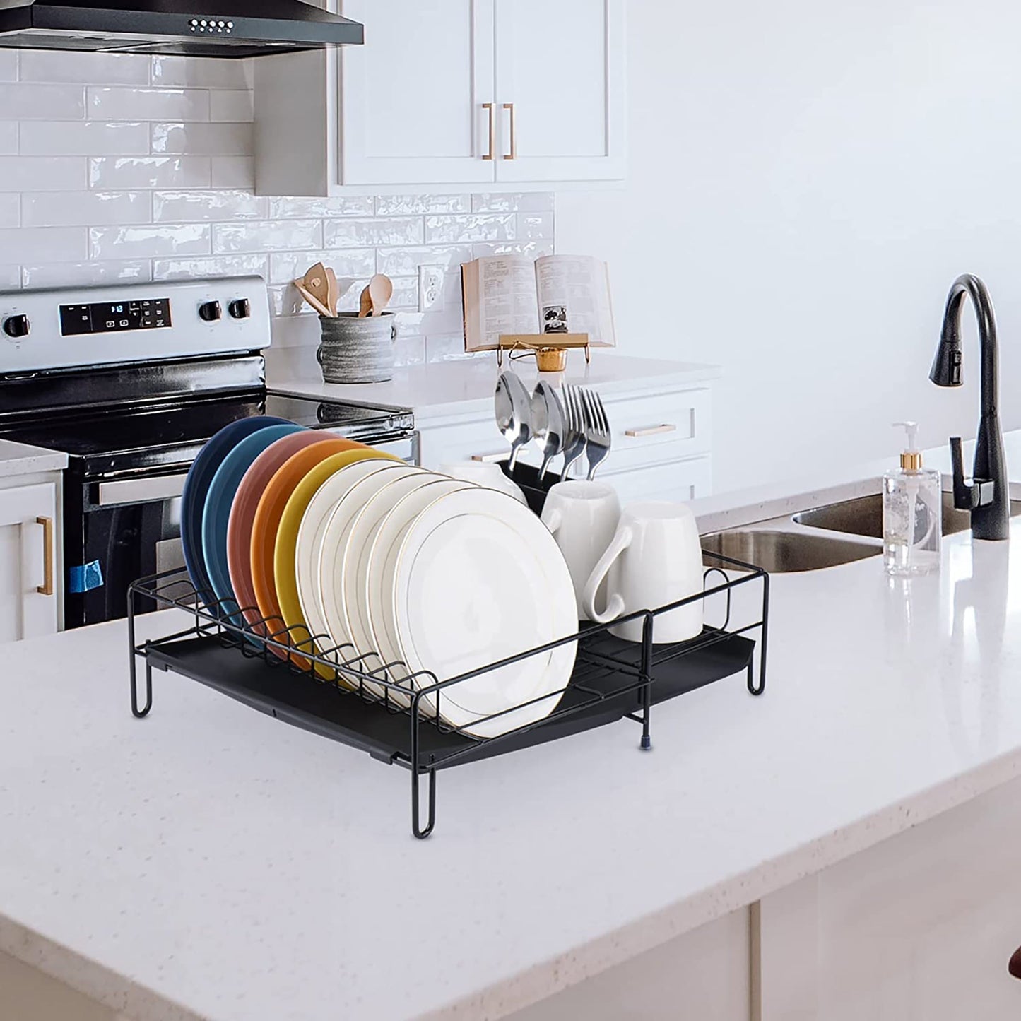 Dish Drying Rack with Drip Tray Cutlery Holder Swivel Draining Spout for Kitchen Countertop - Black