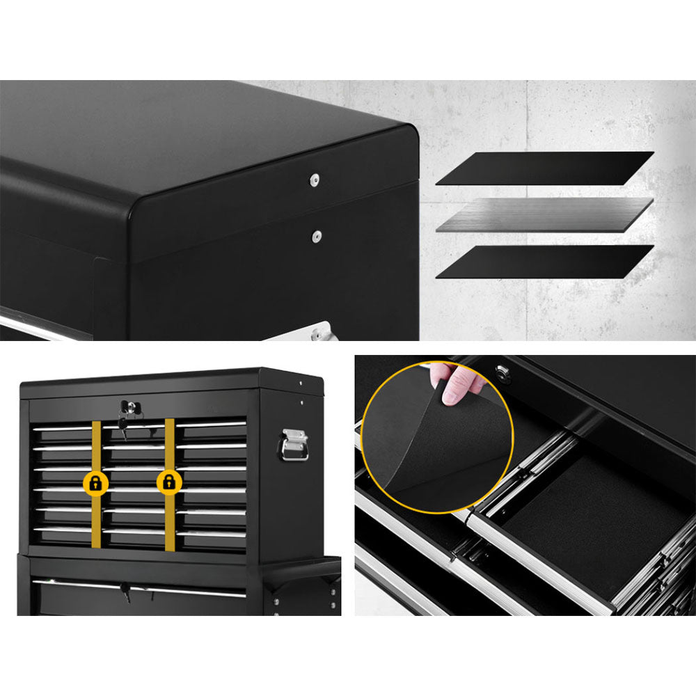 Tool Box Chest Trolley Cabinet Garage Storage Black - 16 Drawers