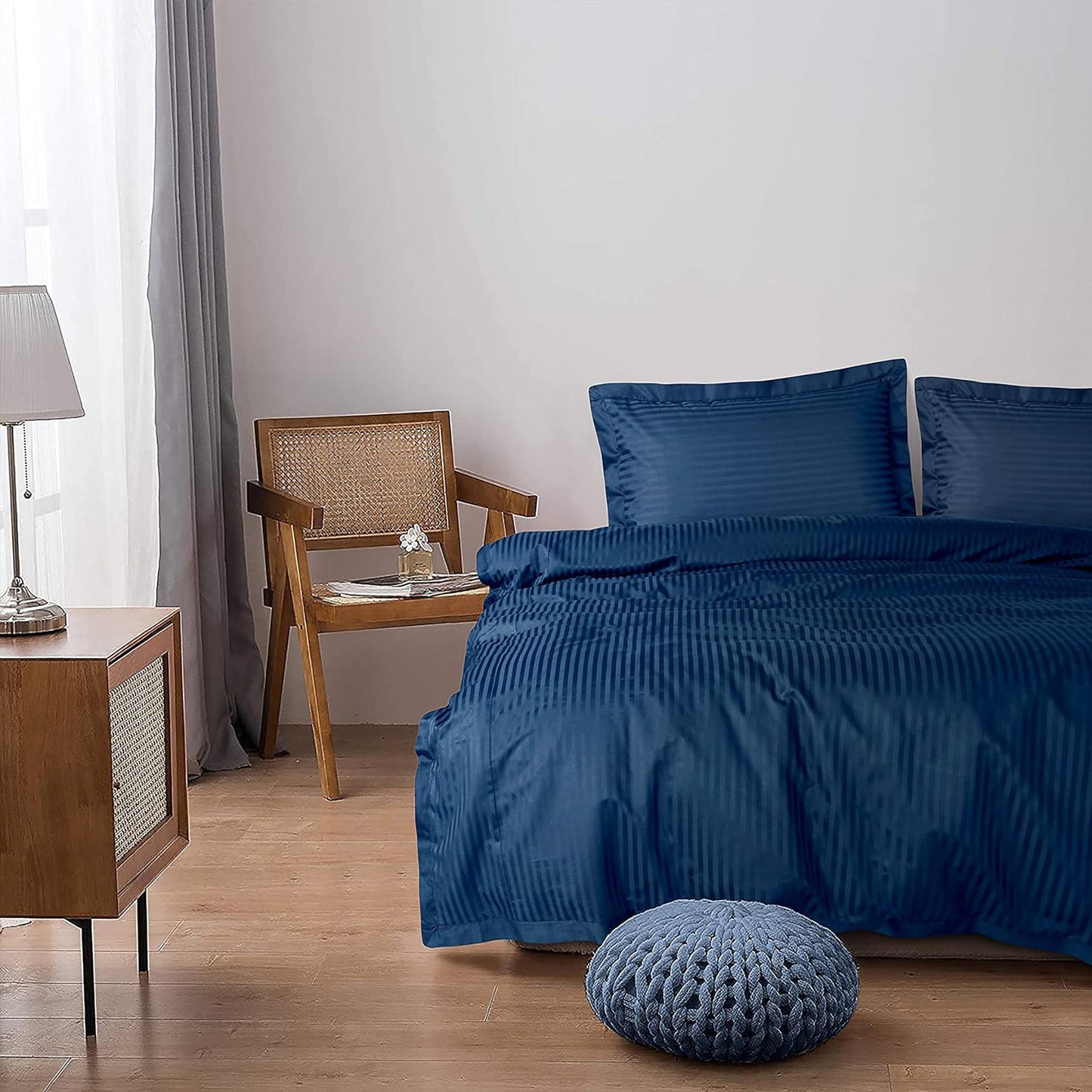 1000 Thread Count Cotton Satin Stripe Reversible Quilt Cover Bedding Set - Navy