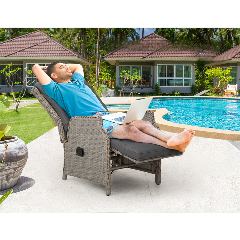 Outdoor Recliner Chair Furniture Patio Wicker Sofa Lounge Set - Grey