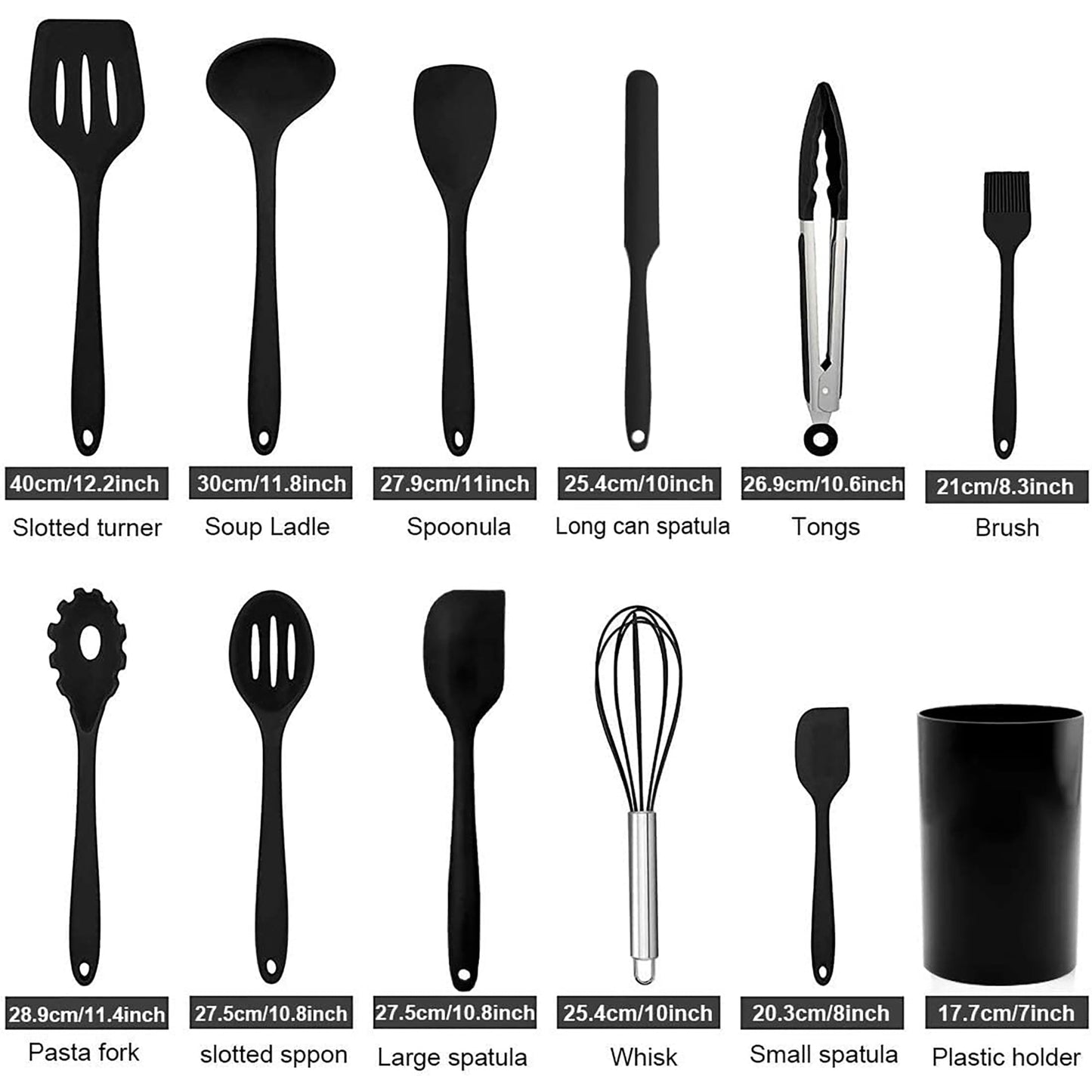 Non Toxic Heat Resistant Non Stick Silicone Kitchen Utensils Cooking Tools Set 14 Pcs - Black
