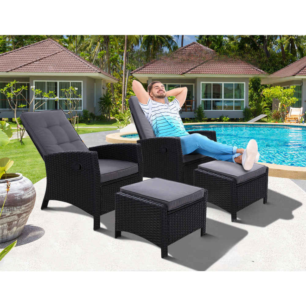 Sun Recliner Chair Outdoor Patio Garden Cushion Set of 2 - Black