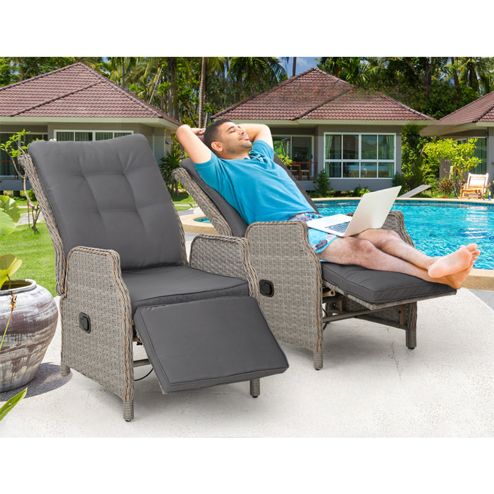 Recliner Chairs Outdoor Patio Wicker Lounge Sofa Set of 2 - Grey