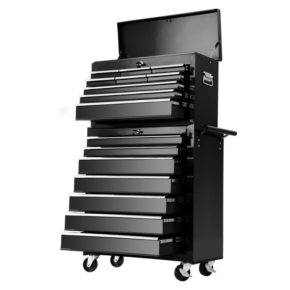 Tool Chest Trolley Box Cabinet Cart Garage Storage Black - 16 Drawers