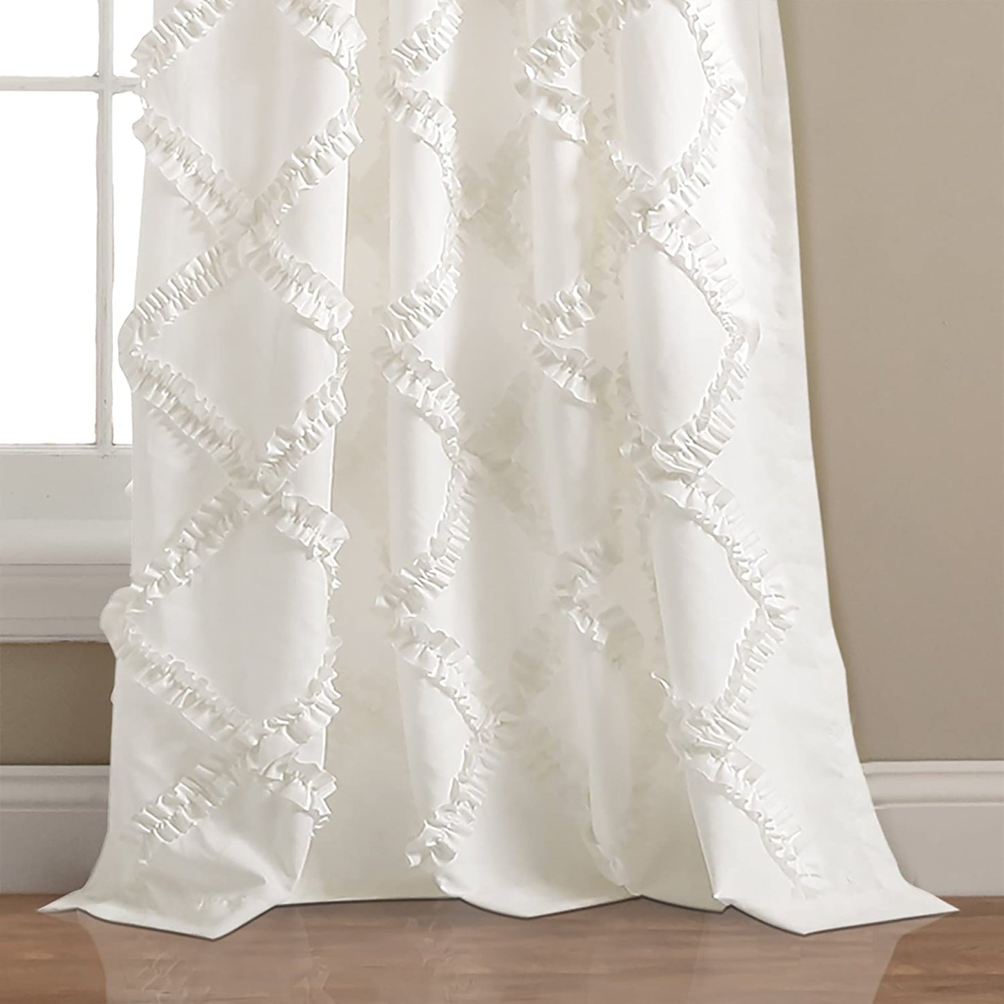 Ruffle Diamond Textured Window Curtain Panel Set 84 x 54 inches - White