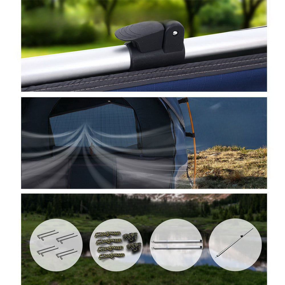 Double Camping Swags Canvas Free Standing Dome Tent with Mattress - Dark Blue