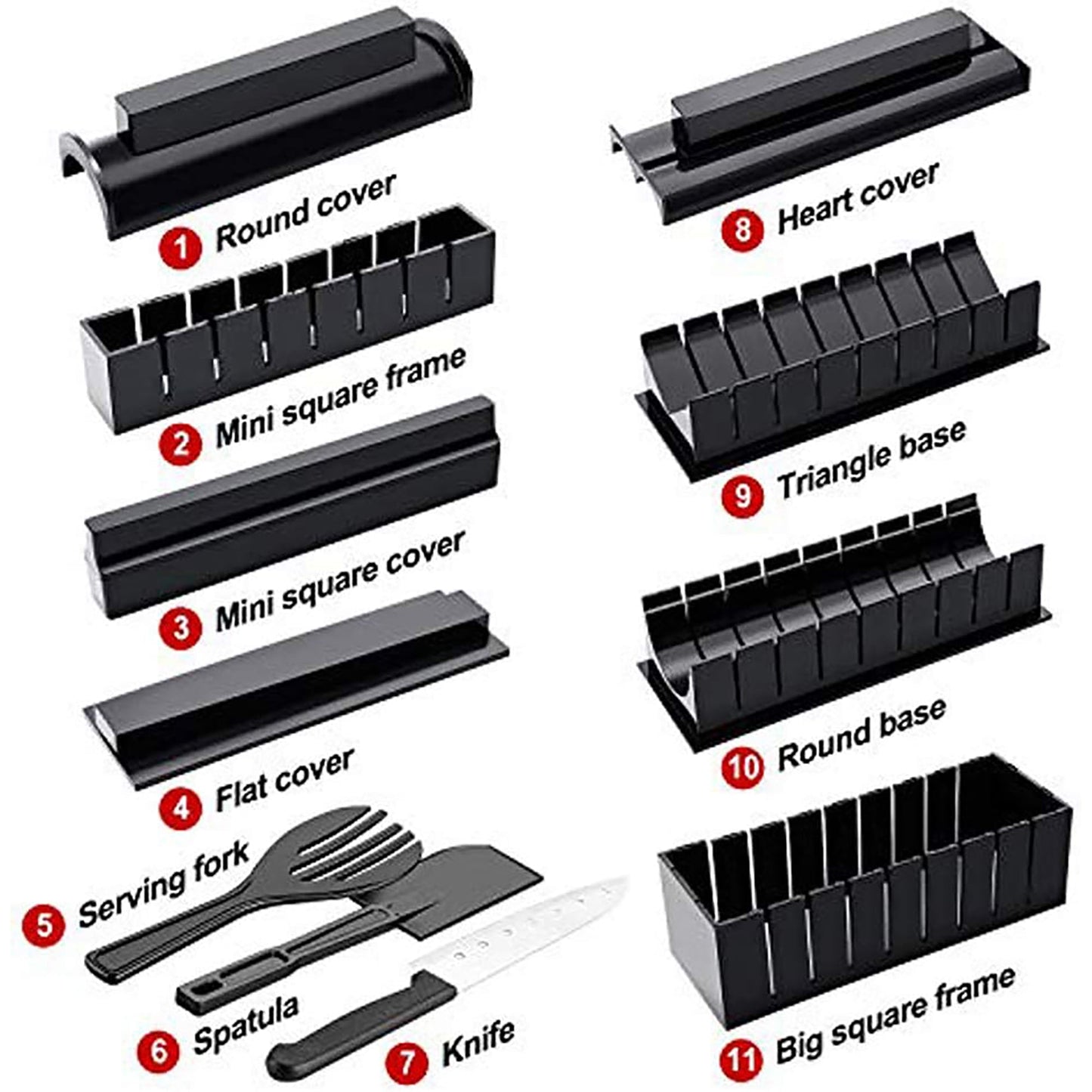 DIY Plastic Sushi Maker with Complete Sushi Set with 8 Sushi Rice Roll Mold 11 Pieces - Black