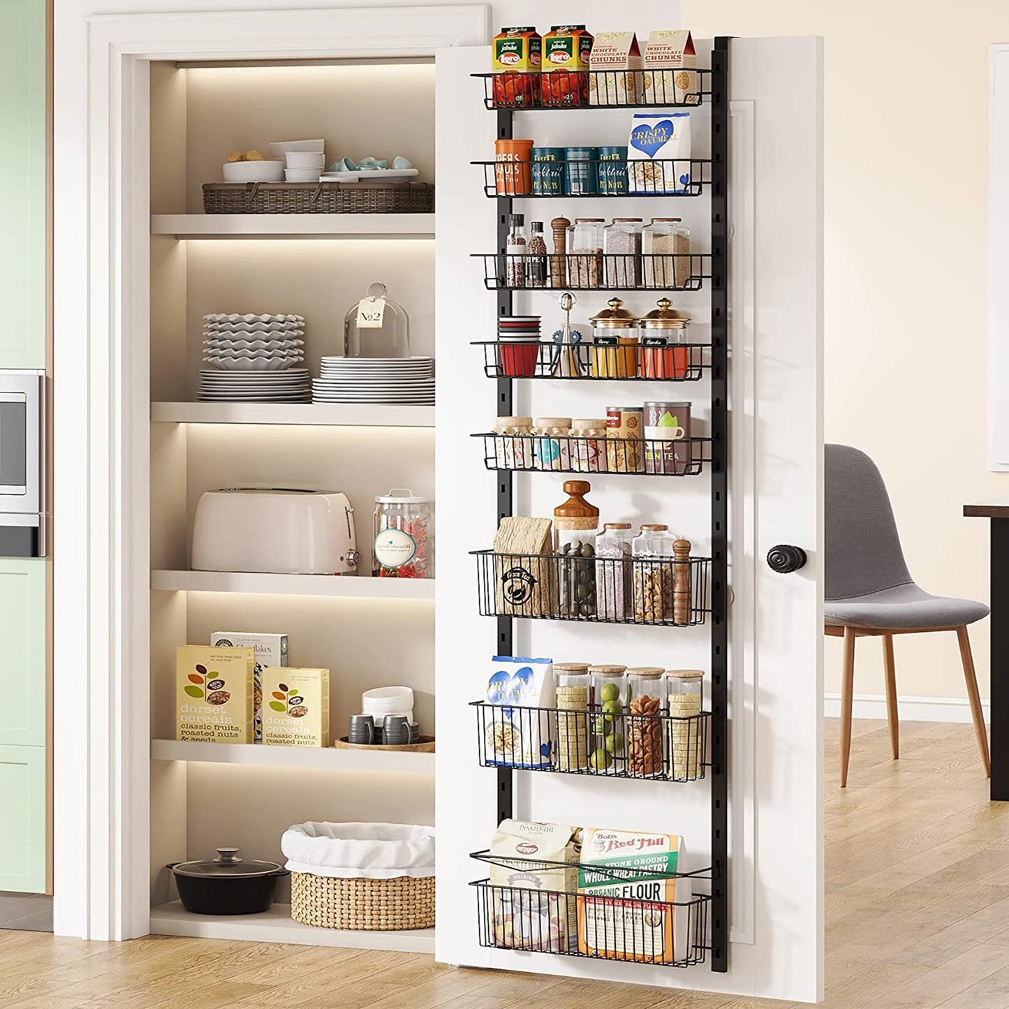 8 Tier Adjustable Baskets Pantry Organization and Storage Door Shelf with Detachable Frame