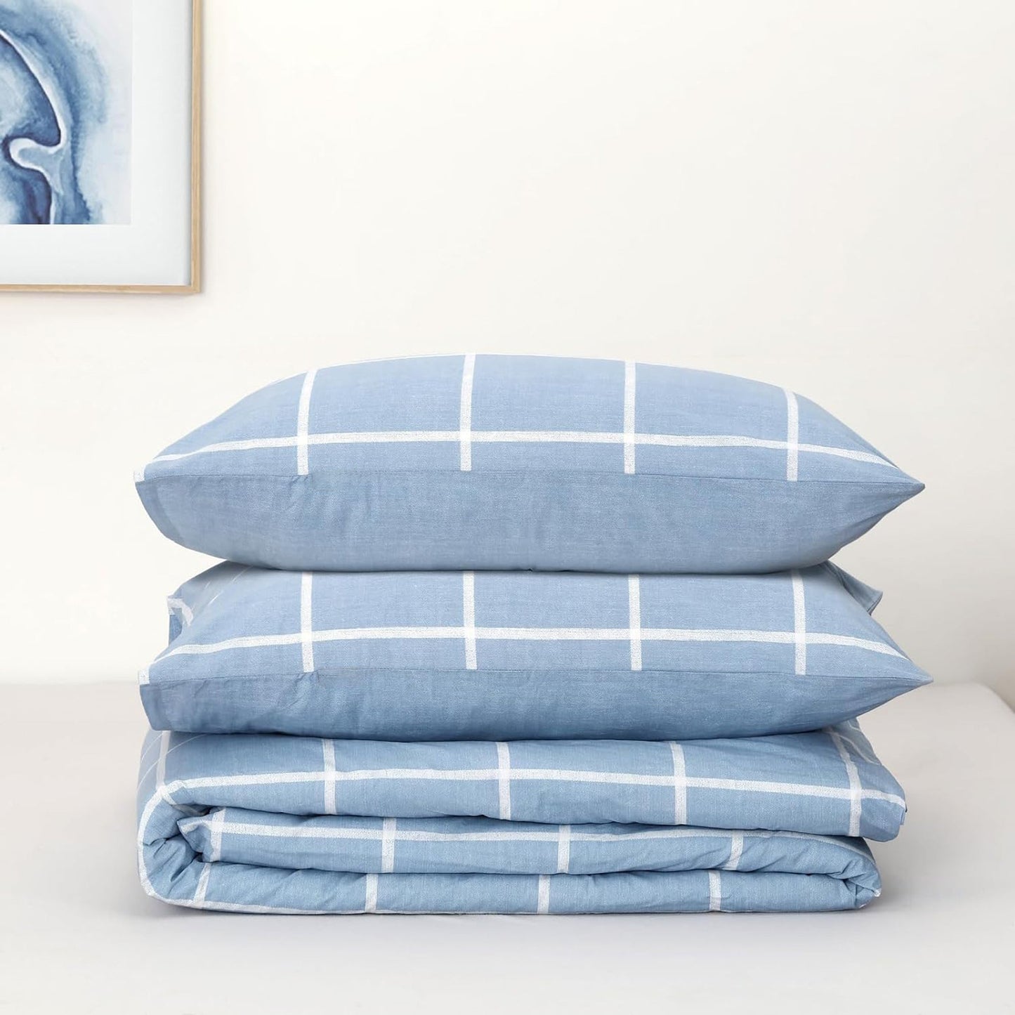 225TC Soft and Cozy Hypoallergenic Cotton Washed Quilt Cover Set - Checkered Blue