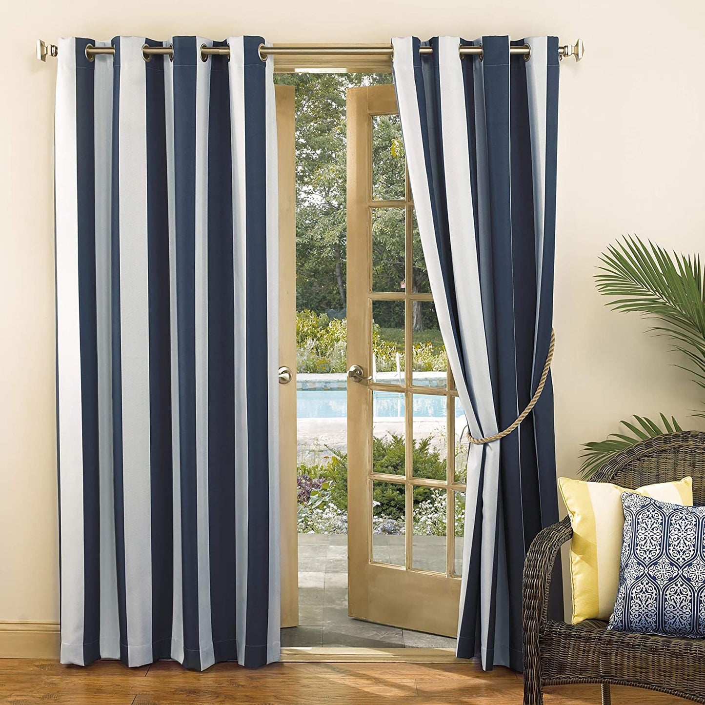 1pc Cabana Stripe Indoor and Outdoor UV Protectant Grommet Curtain Panel - Indigo