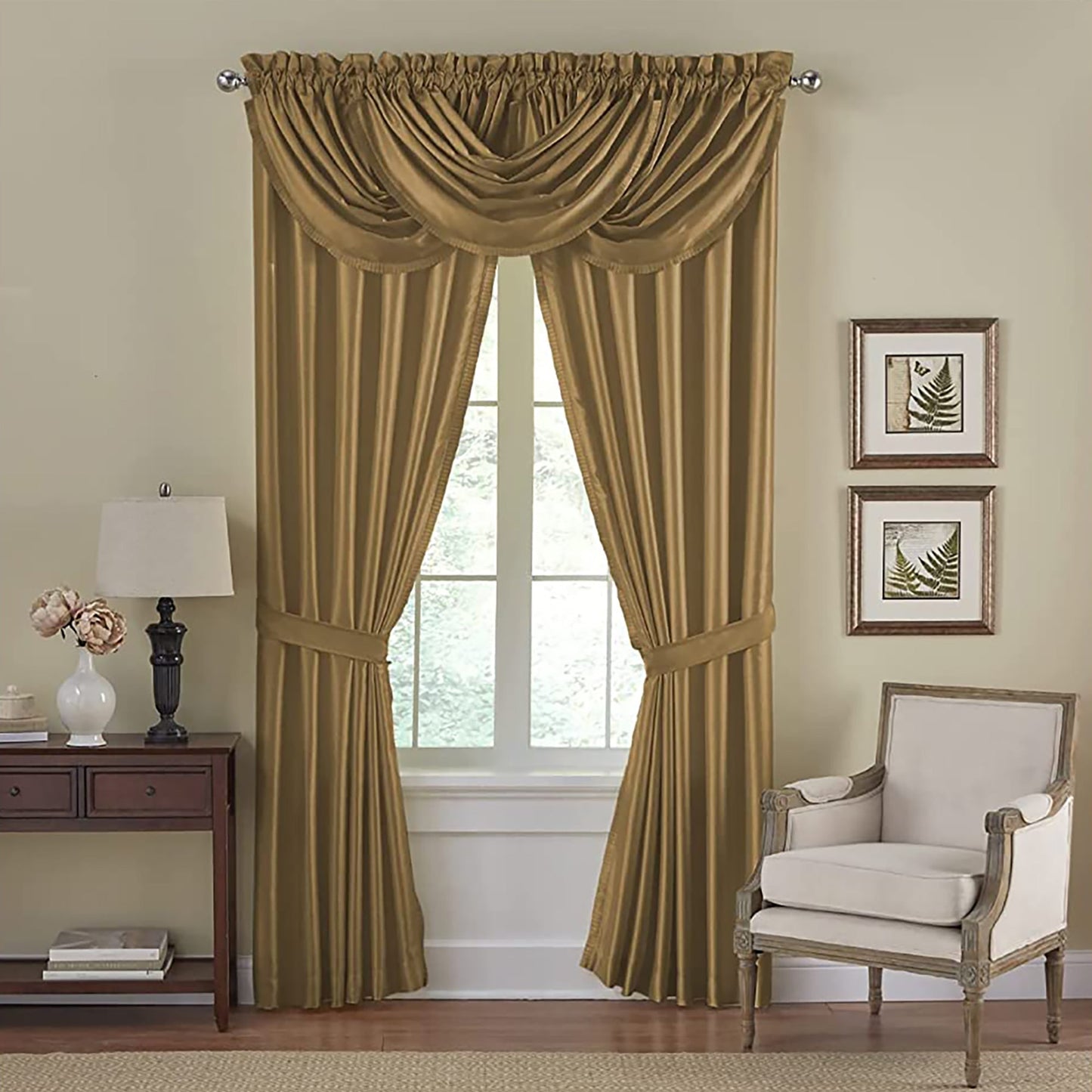 Room Darkening and Energy Efficient Lined Rod Pocket Pleated Window Curtain Drape - Gold