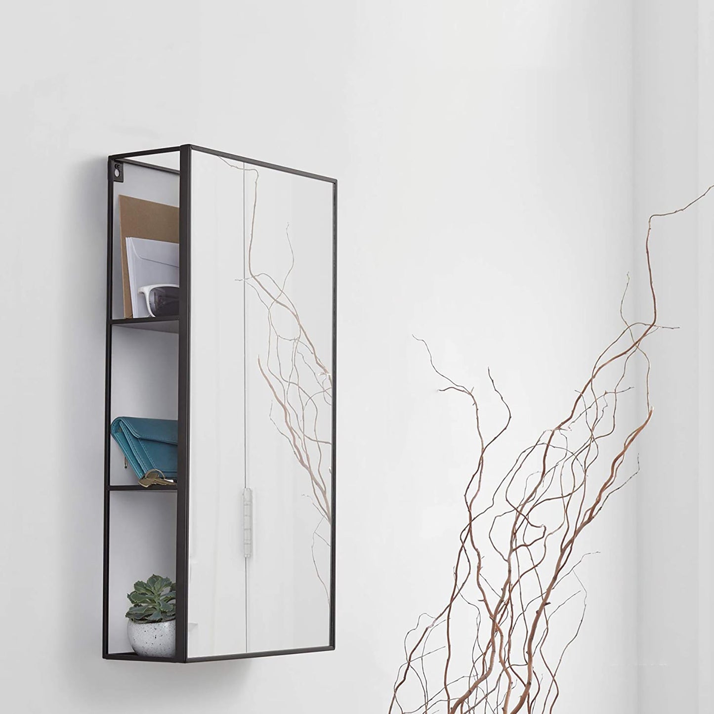 Bathroom Bedroom Mirror with Storage Shelves - Black