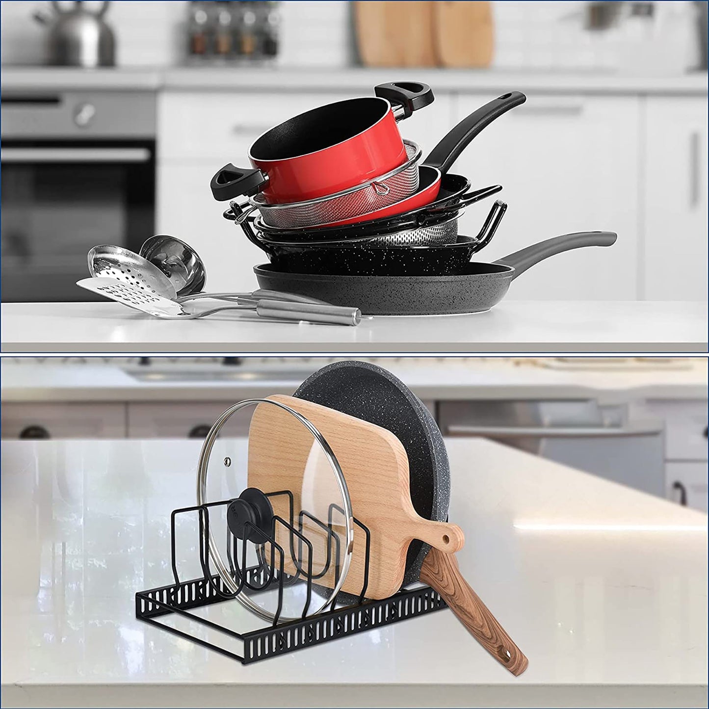 Adjustable Kitchen Lid Organizer with 7 Adjustable Compartments for Pantry or Cabinet - Black