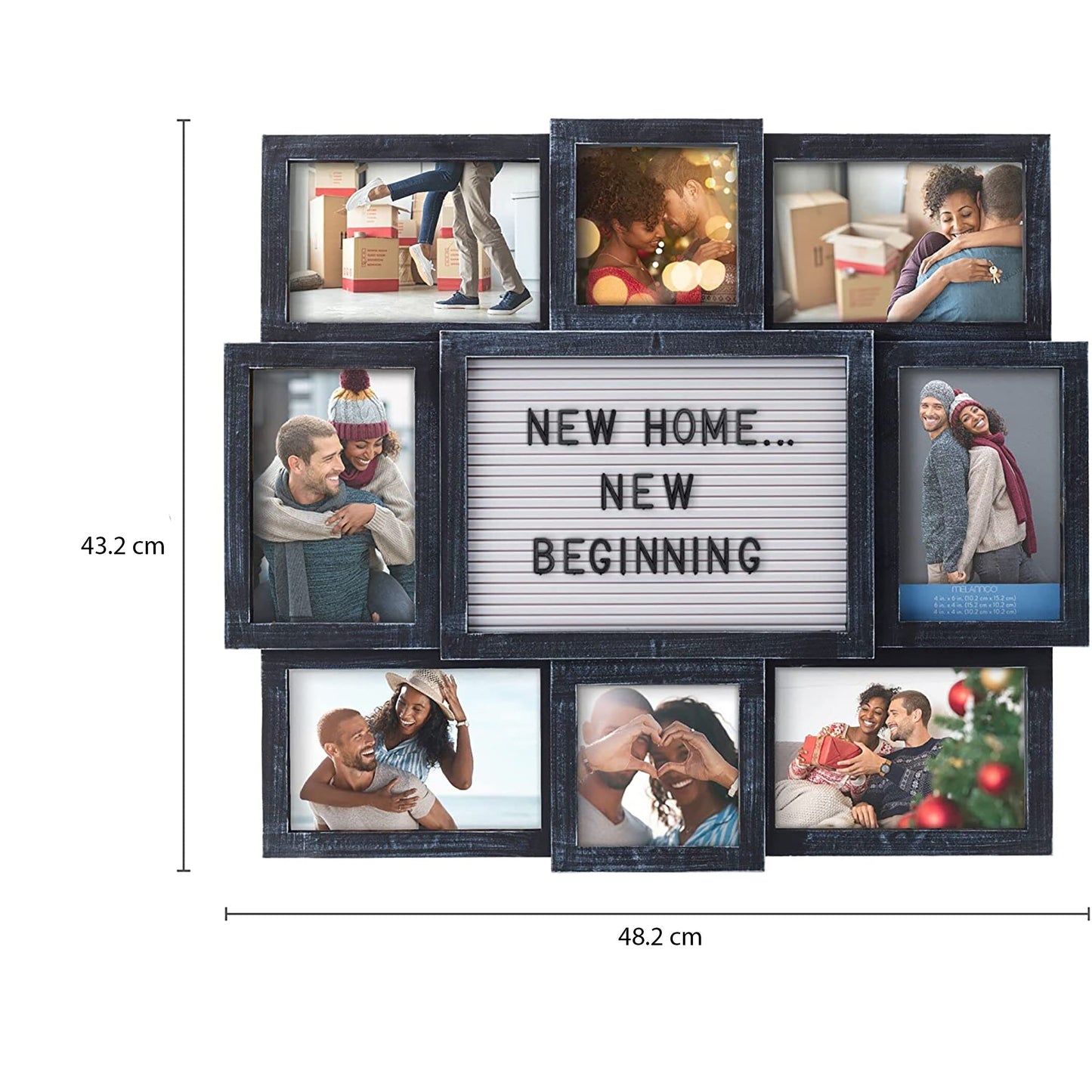 Customizable Wall Mount Letterboard 8-Opening Photo Collage Picture Frame - Black