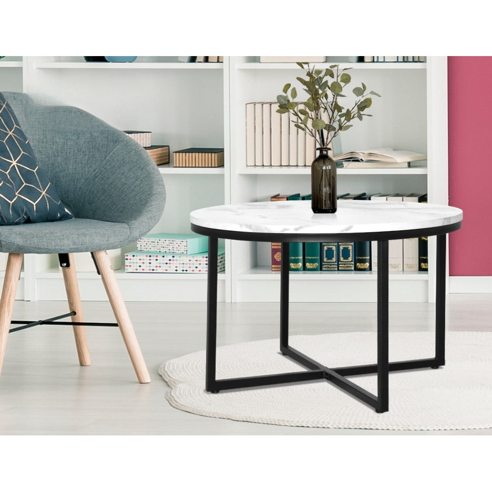 Coffee Table Marble Effect Side Tables Bedside Round Black Metal 70X70CM