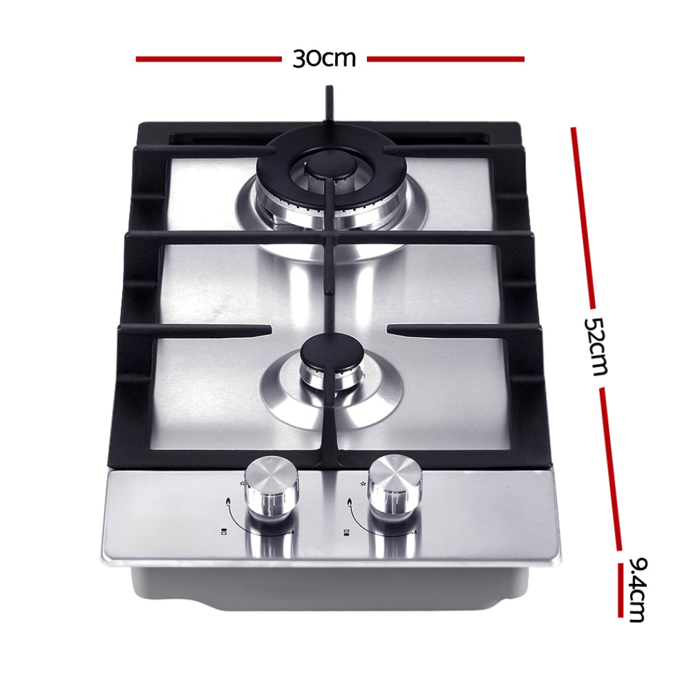 Gas Cooktop 30cm Gas Stove Cooker 2 Burner Cook Top Konbs NG LPG Steel