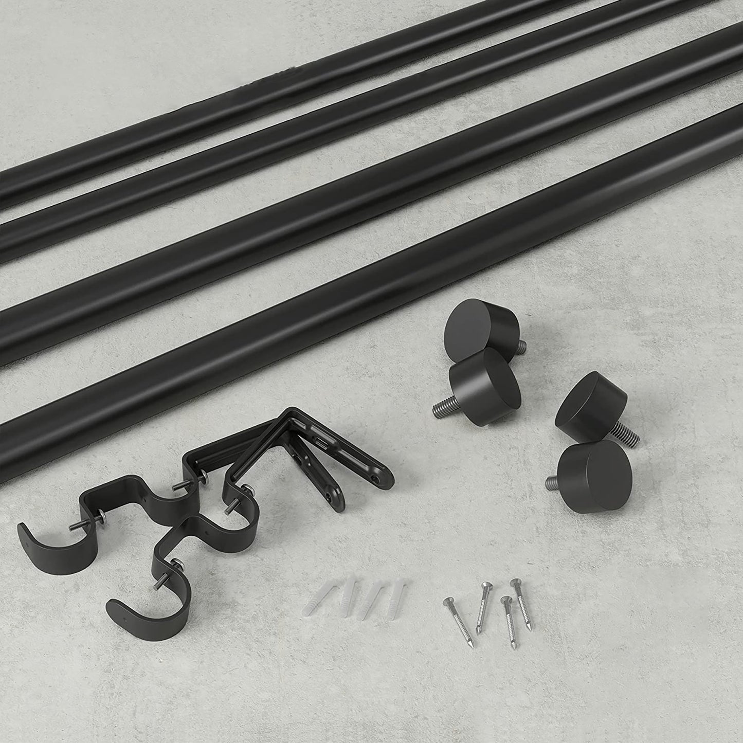 Double Curtain Rod Includes 2 Matching Finials Brackets and Hardware 1 Inch - Black