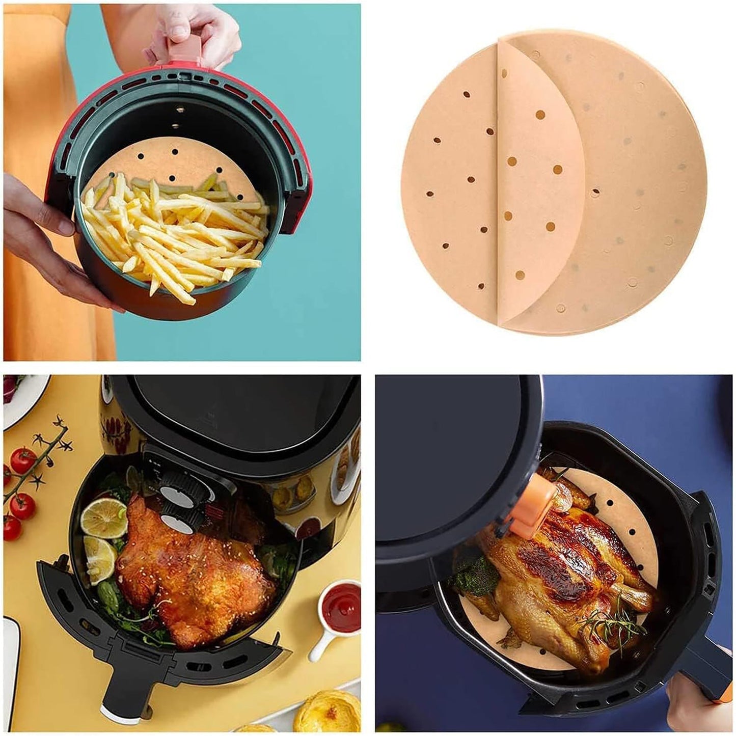 Perforated Circle Disposable Air Fryer Liners 8 Inch 200 Pcs - Brown