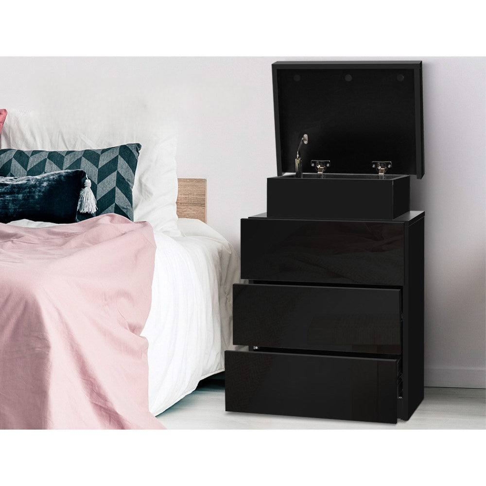 Bedside Tables Side Table 3 Drawers RGB LED High Gloss Nightstand Black