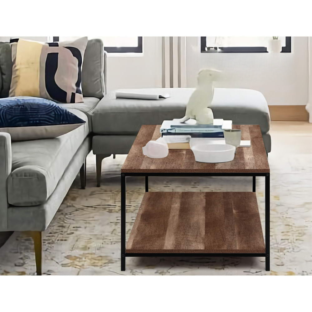Coffee Table Wooden Rustic Vintage Storage Shelf Metal Frame Black