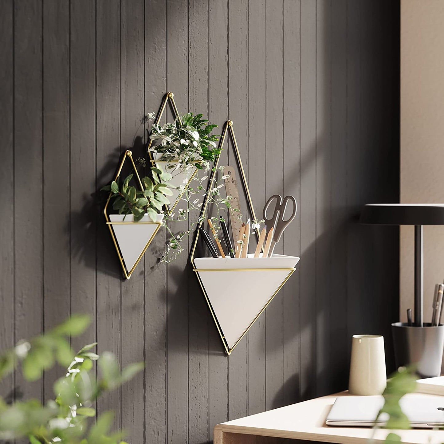 Hanging Planter Vase and Geometric Wall Decor Container Small - White Brass