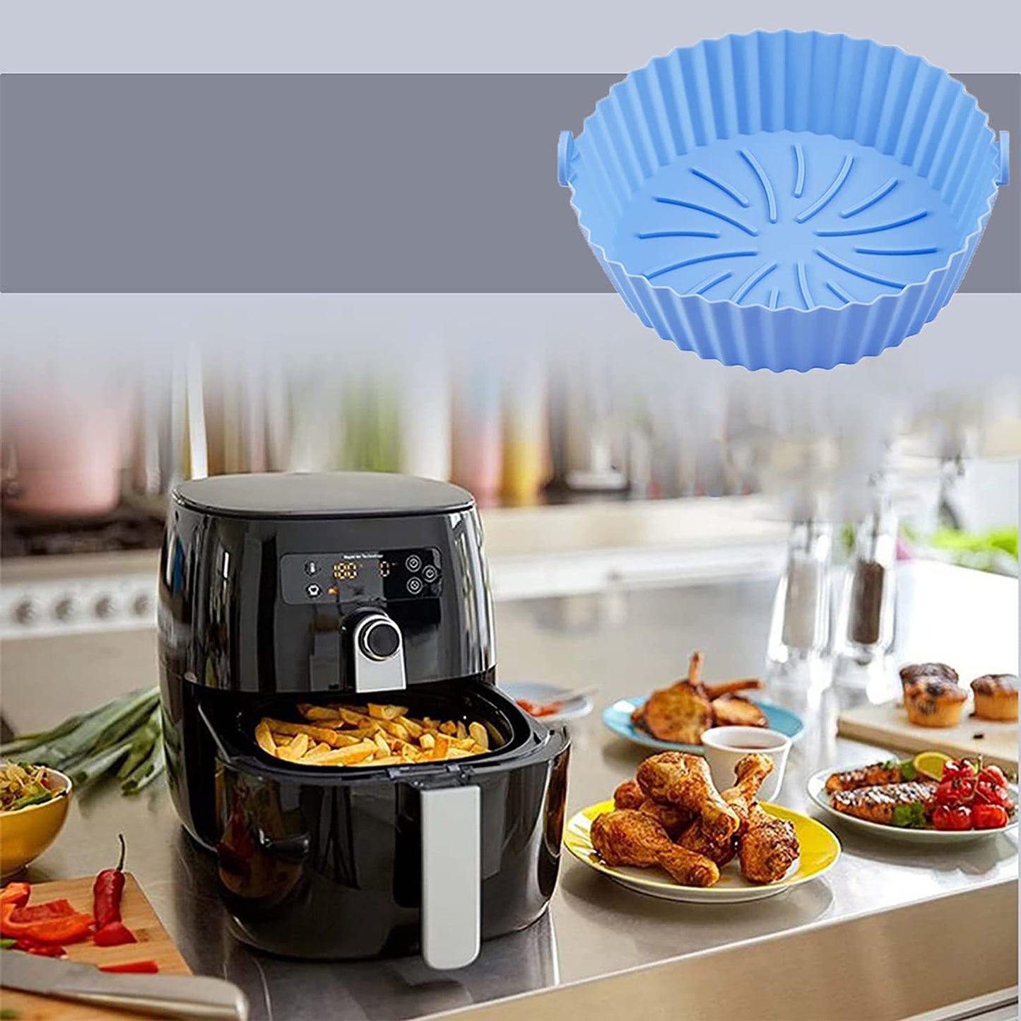 Air Fryer Reusable Non Stick Heat Resistant Silicone Pots 2 Pcs Style B - Blue