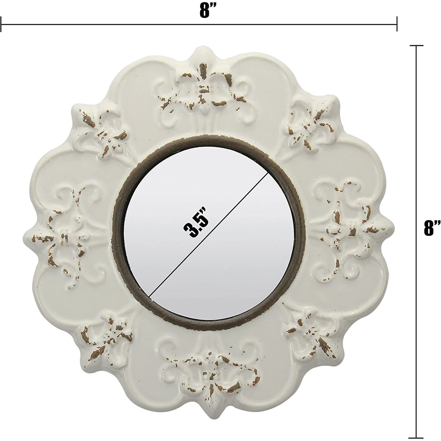 Decorative 8 Inch Antique White Round Ceramic Accent Wall Mirror