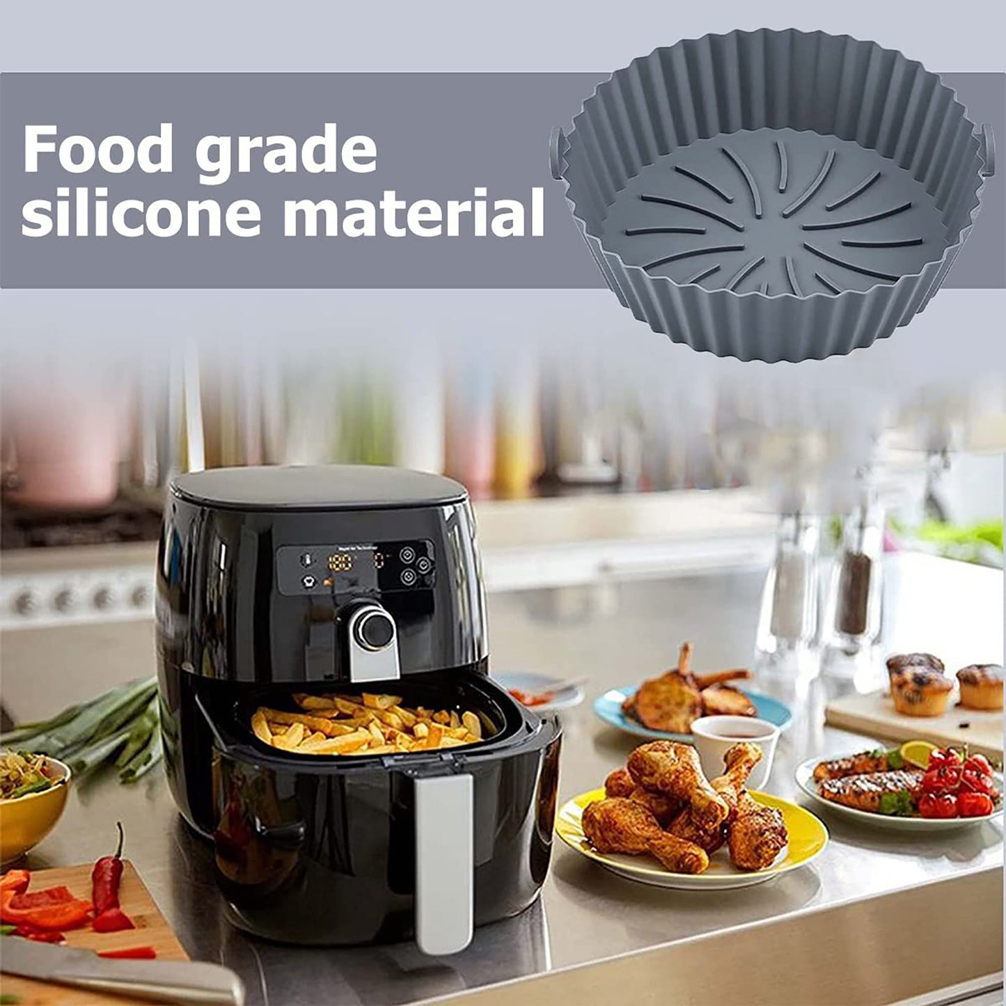 Air Fryer Reusable Non Stick Heat Resistant Silicone Pots 2 Pcs - Grey