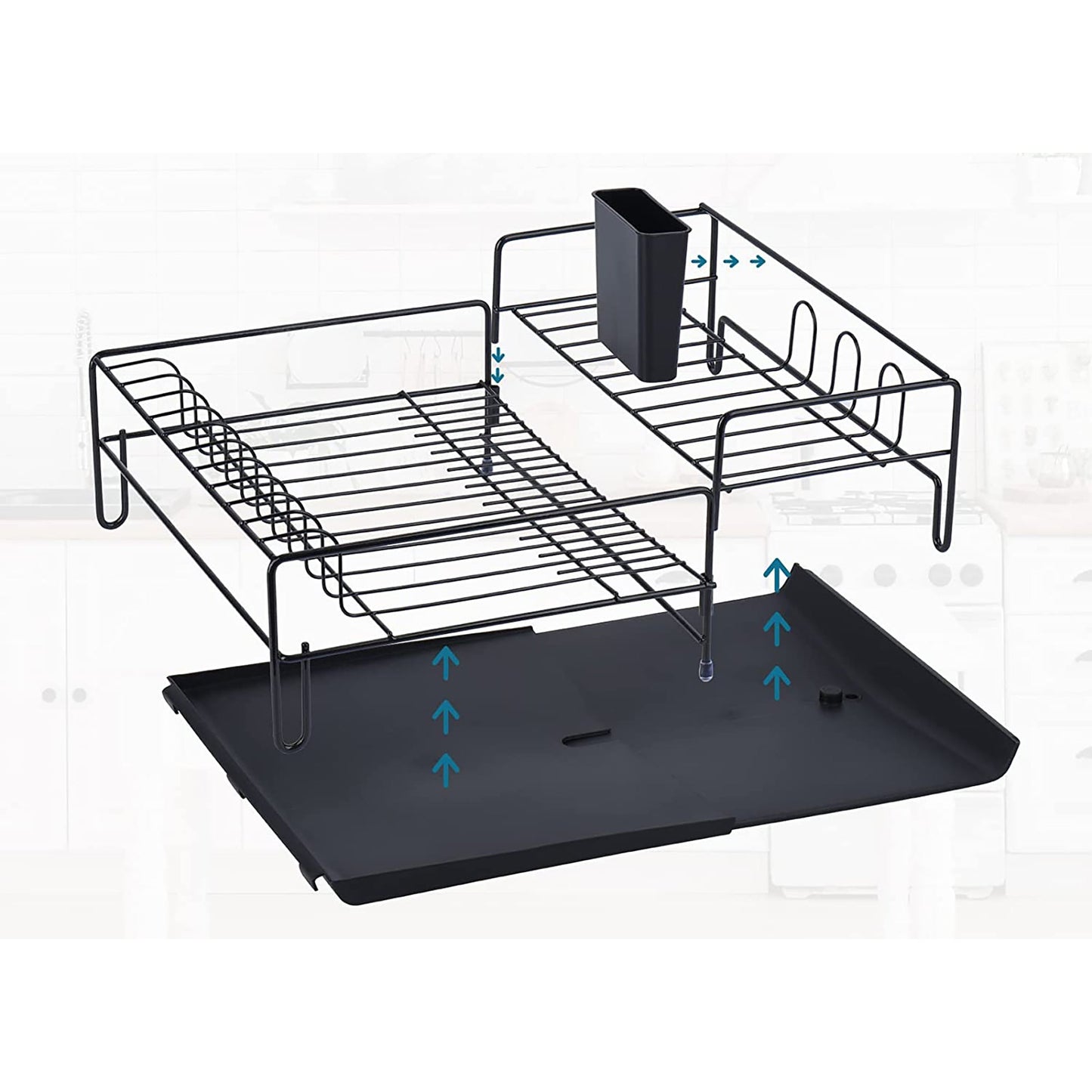 Dish Drying Rack with Drip Tray Cutlery Holder Swivel Draining Spout for Kitchen Countertop - Black