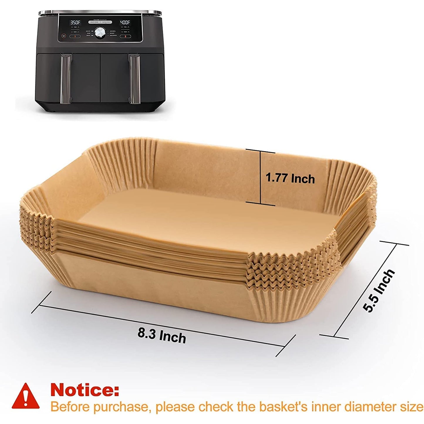 Air Fryer Rectangular Disposable Parchment Paper Liner 100 PCS 22x14cm - Brown