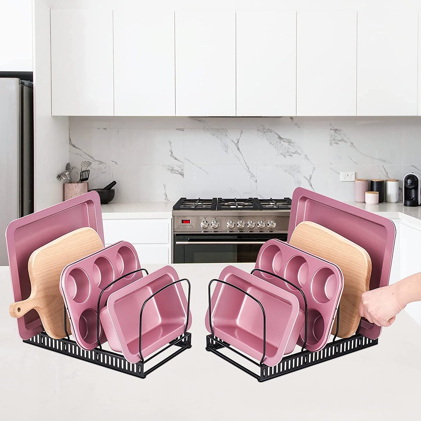 Adjustable Bakeware Rack with 10 Adjustable Compartments for Pantry or Cabinet - Black