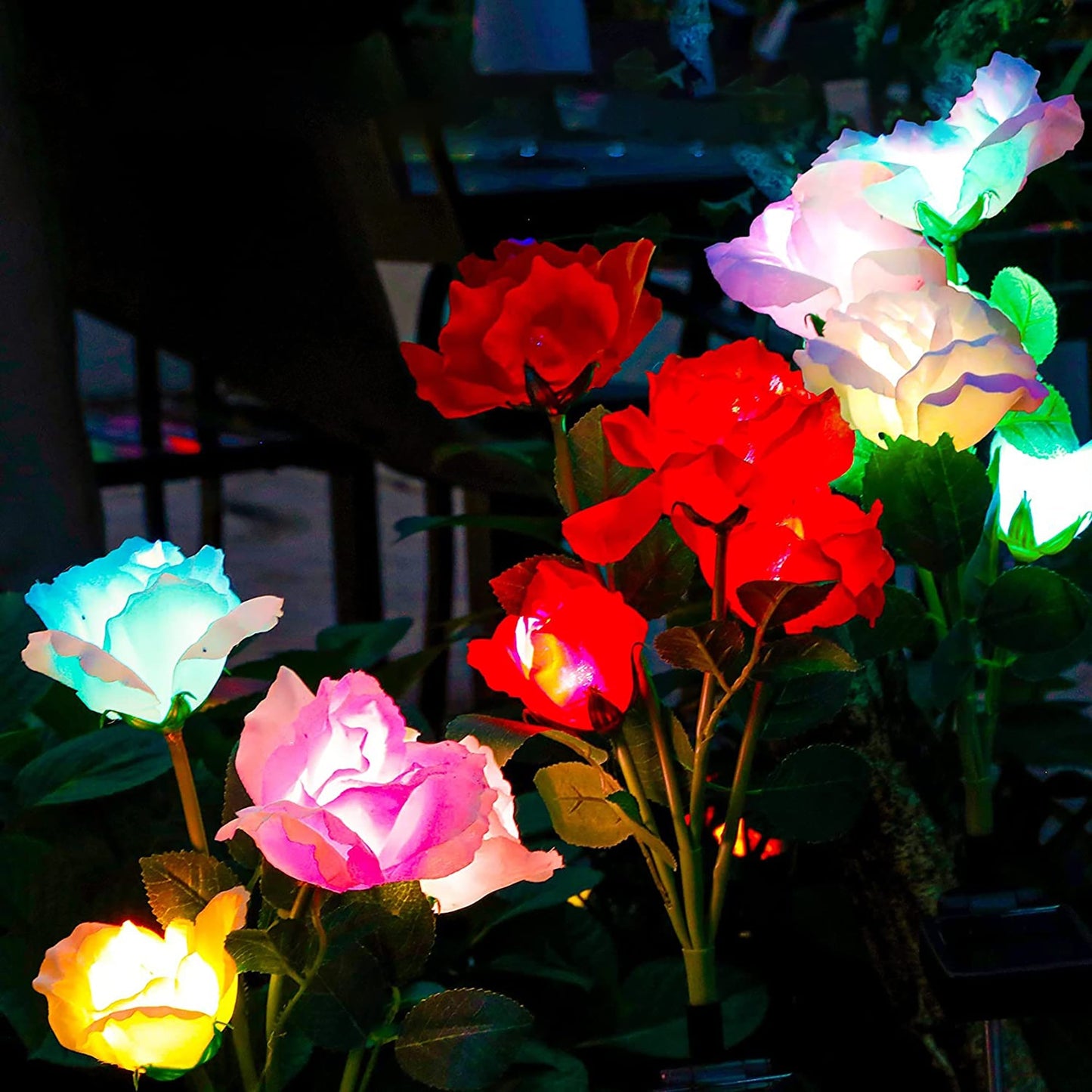 Outdoor Solar Garden Lights with 7 Color Changing Rose Lights 2 Pack - Red and White