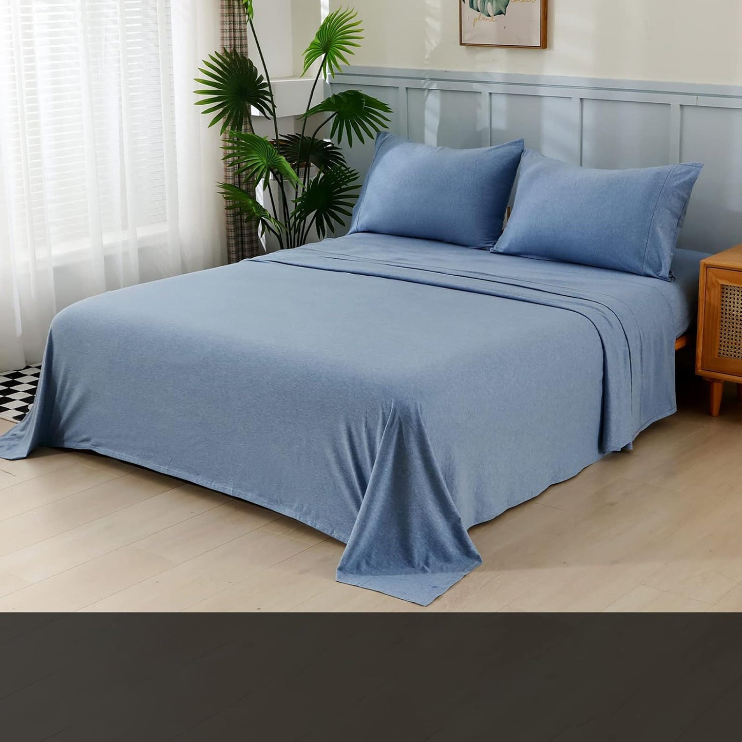 Breathable Skin-Friendly Ultra Soft Cotton Jersey Bed Sheet Set - Blue Chambray Marle