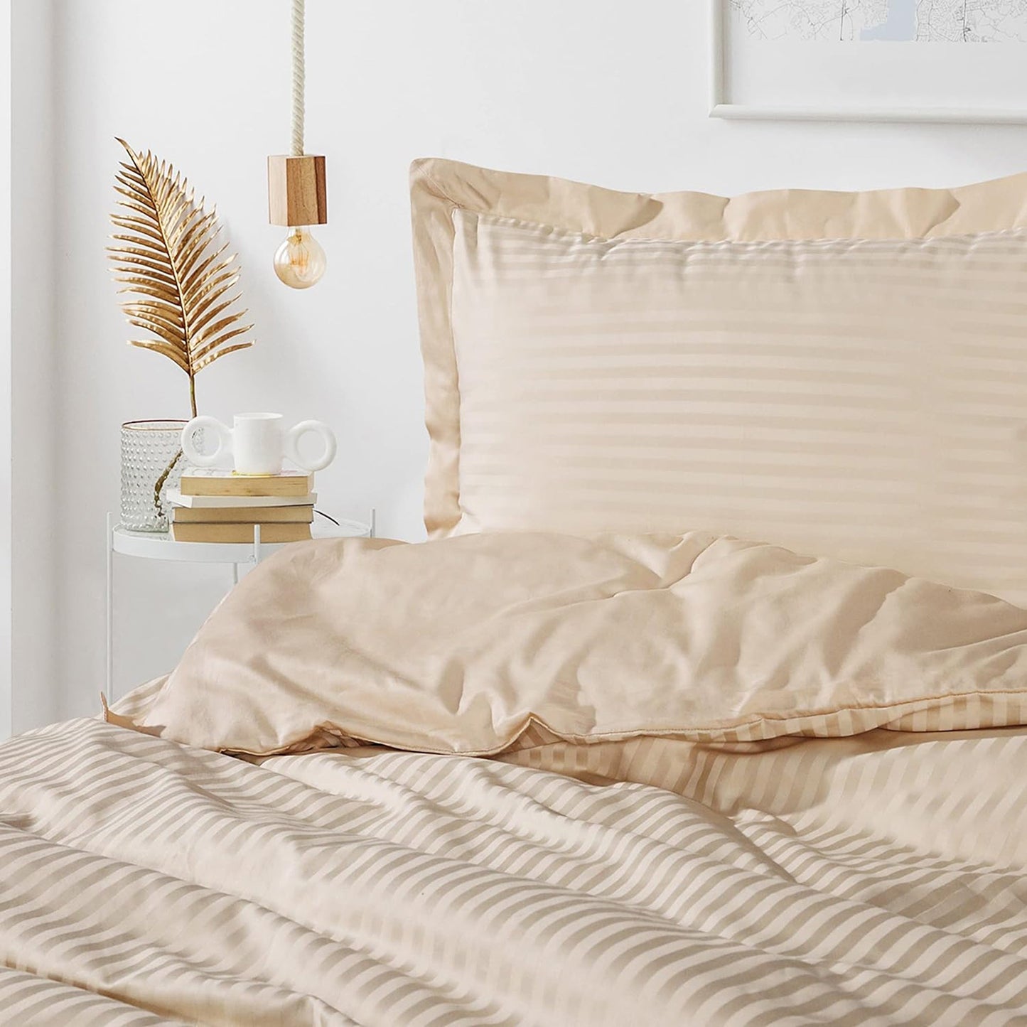 1000 Thread Count Cotton Satin Stripe Reversible Quilt Cover Bedding Set - Ivory