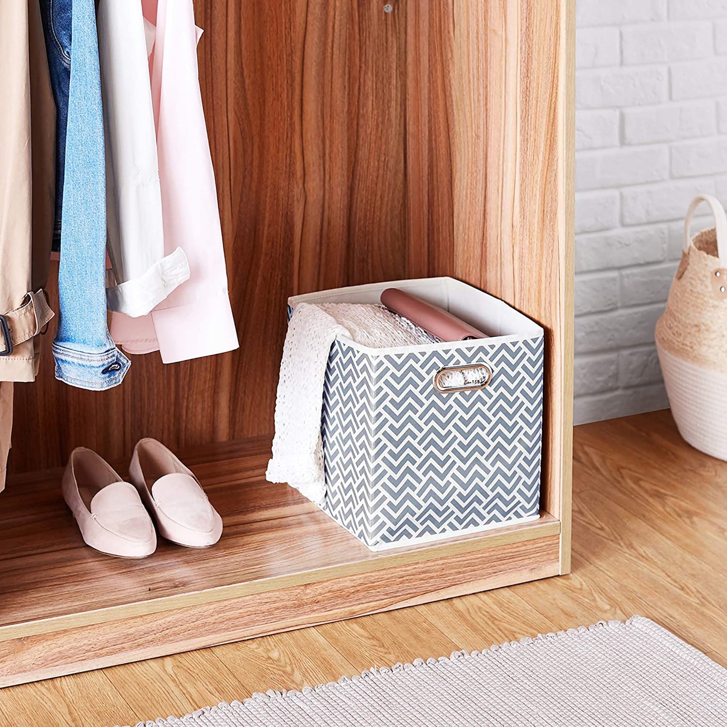 Collapsible Fabric Storage Cubes with Oval Grommets 6-Pack - Chevron Grey