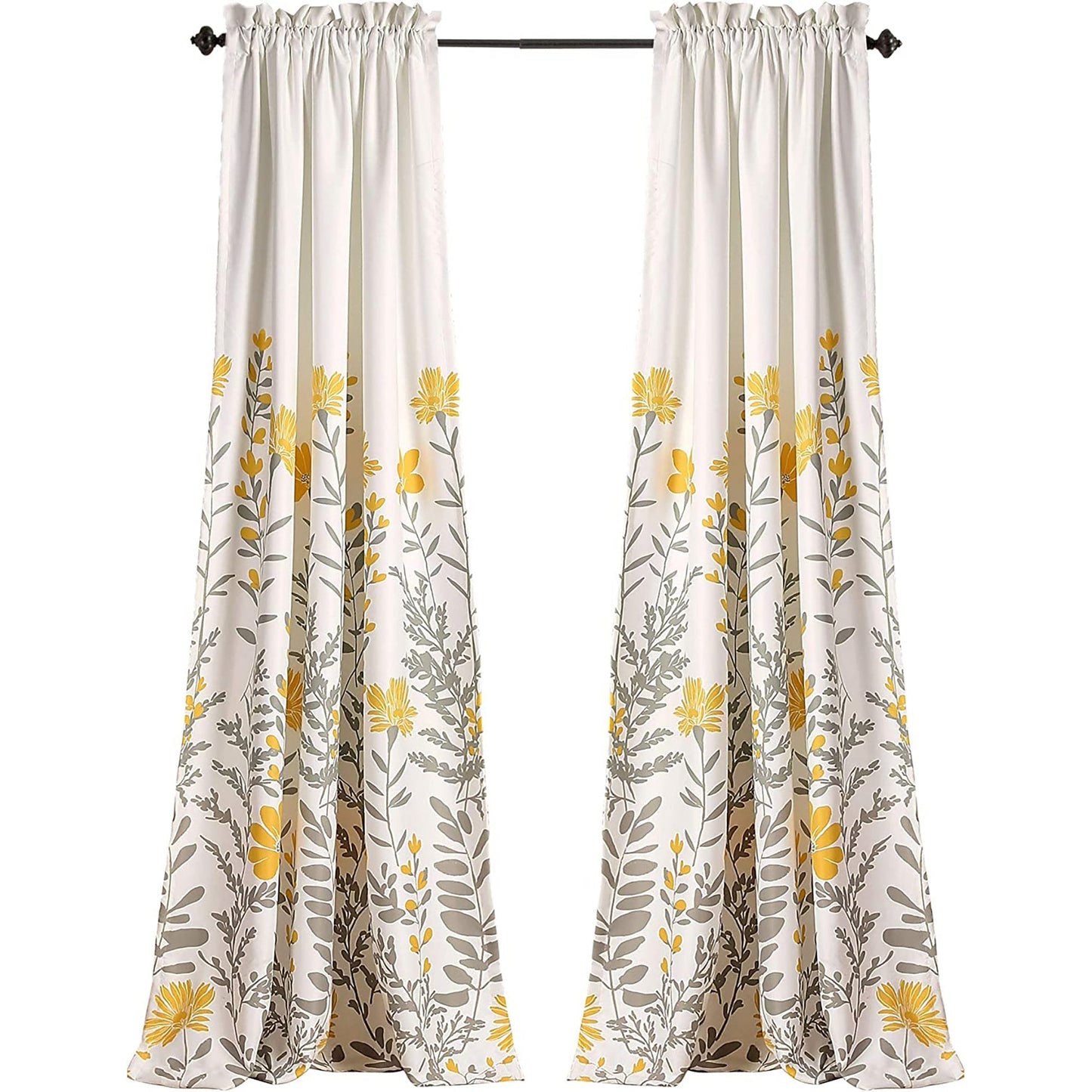 Room Darkening Curtains Floral Leaf Design Window Panel Drapes  84 x 52 - Yellow and Gray