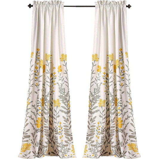 Room Darkening Curtains Floral Leaf Design Window Panel Drapes  84 x 52 - Yellow and Gray