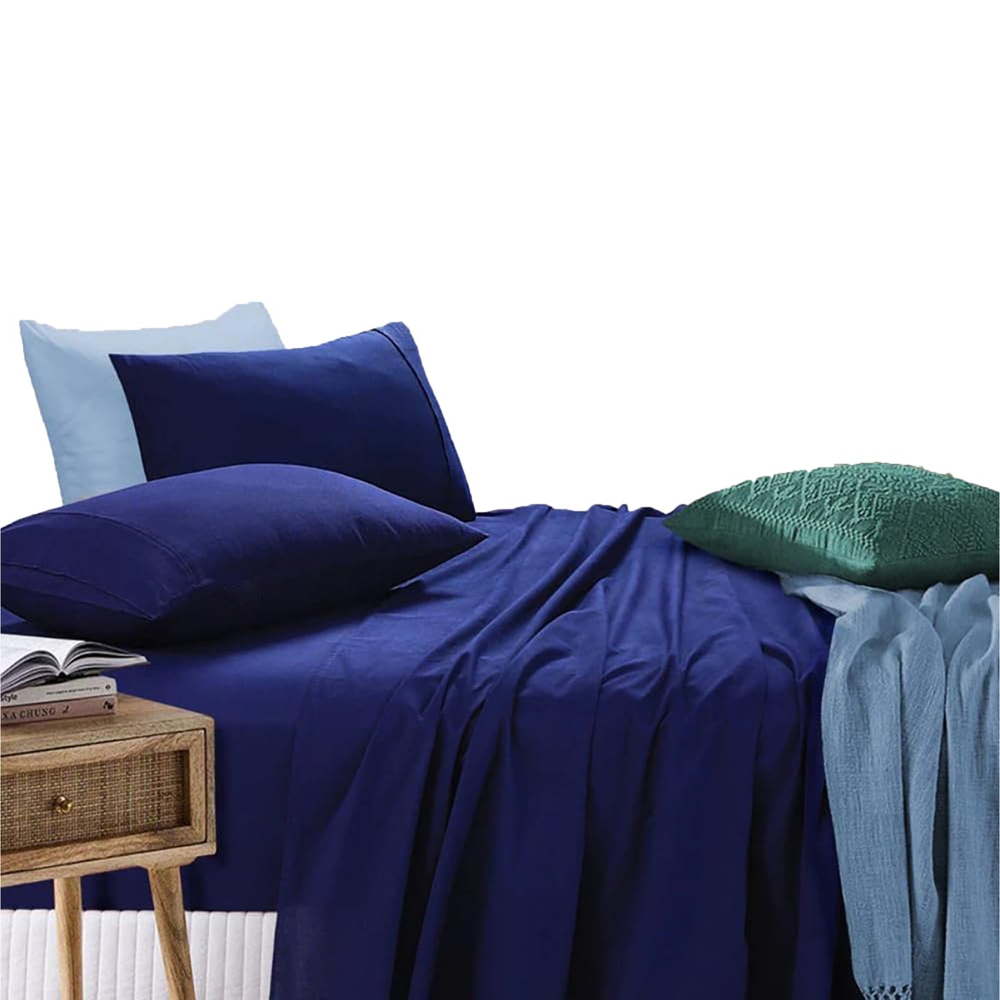 100% Cotton Vintage Washed Bed Sheet Set - Navy Blue
