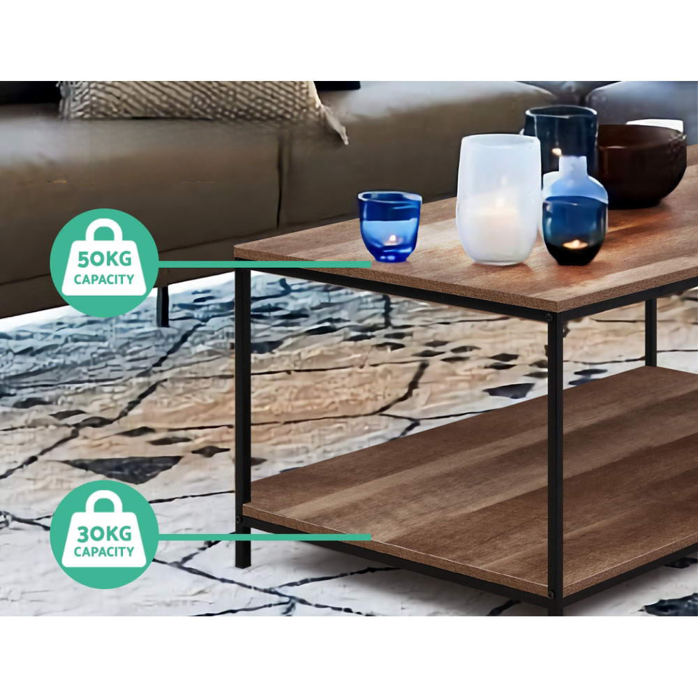 Coffee Table Wooden Rustic Vintage Storage Shelf Metal Frame Black