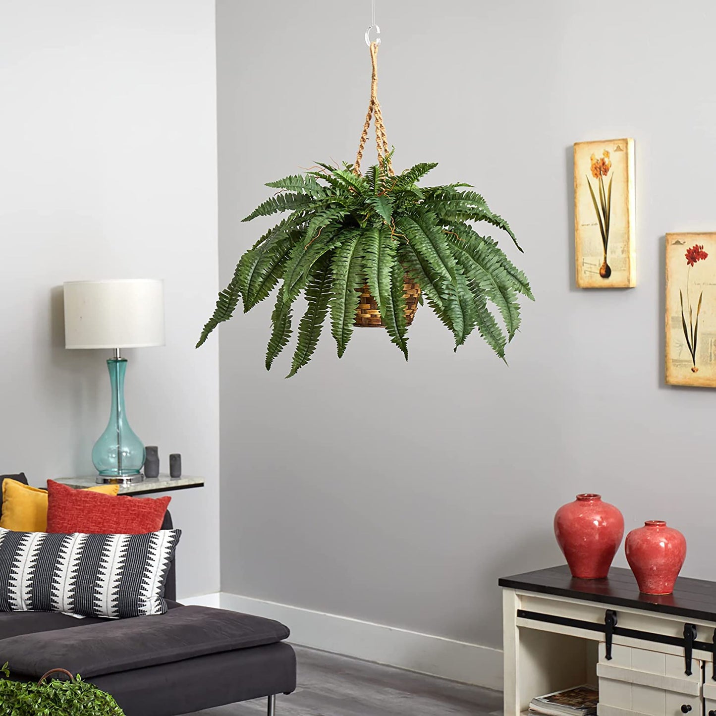 Realistic Boston Fern Hanging Basket Large - Green