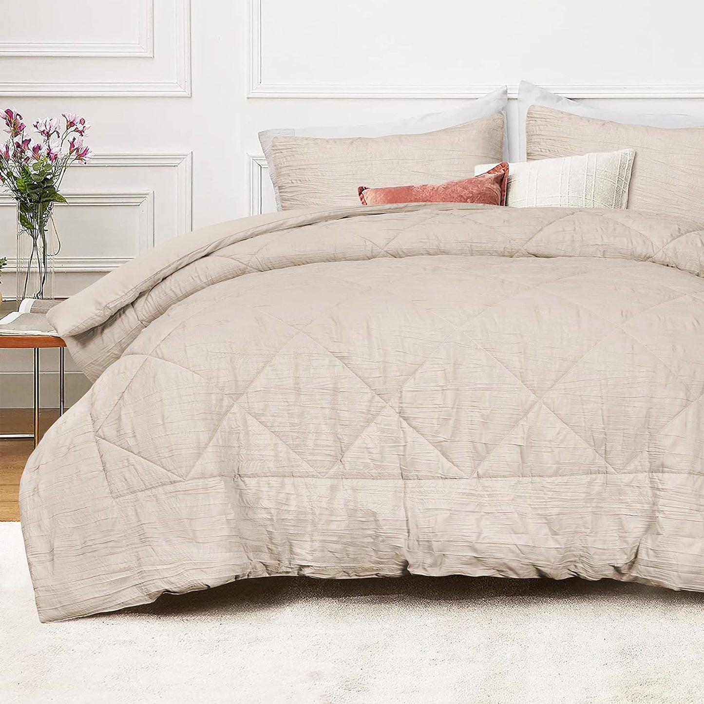 Warm and Cooling Crinkled Comforter Bedding Set - Beige