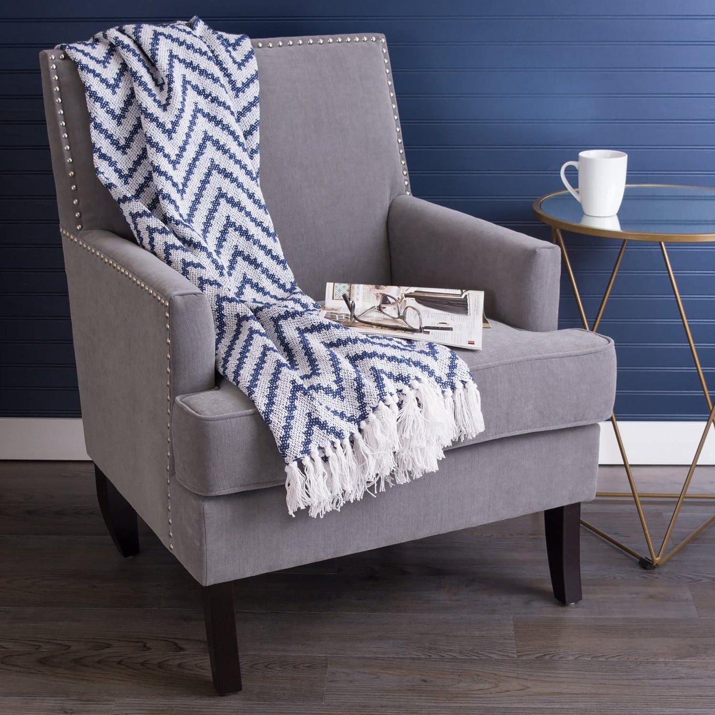 Large Rustic Farmhouse Throw Blanket with Decorative Tassles 50 x 60 - Chevron Nautical Blue