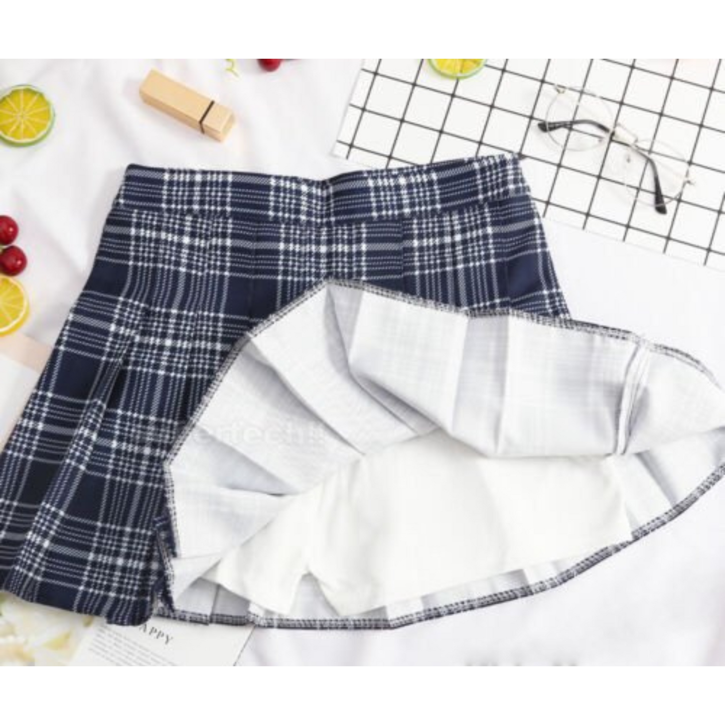Navy Grid High Waist Pleated Skirt Women Girls Summer Tartan Short School Skirt