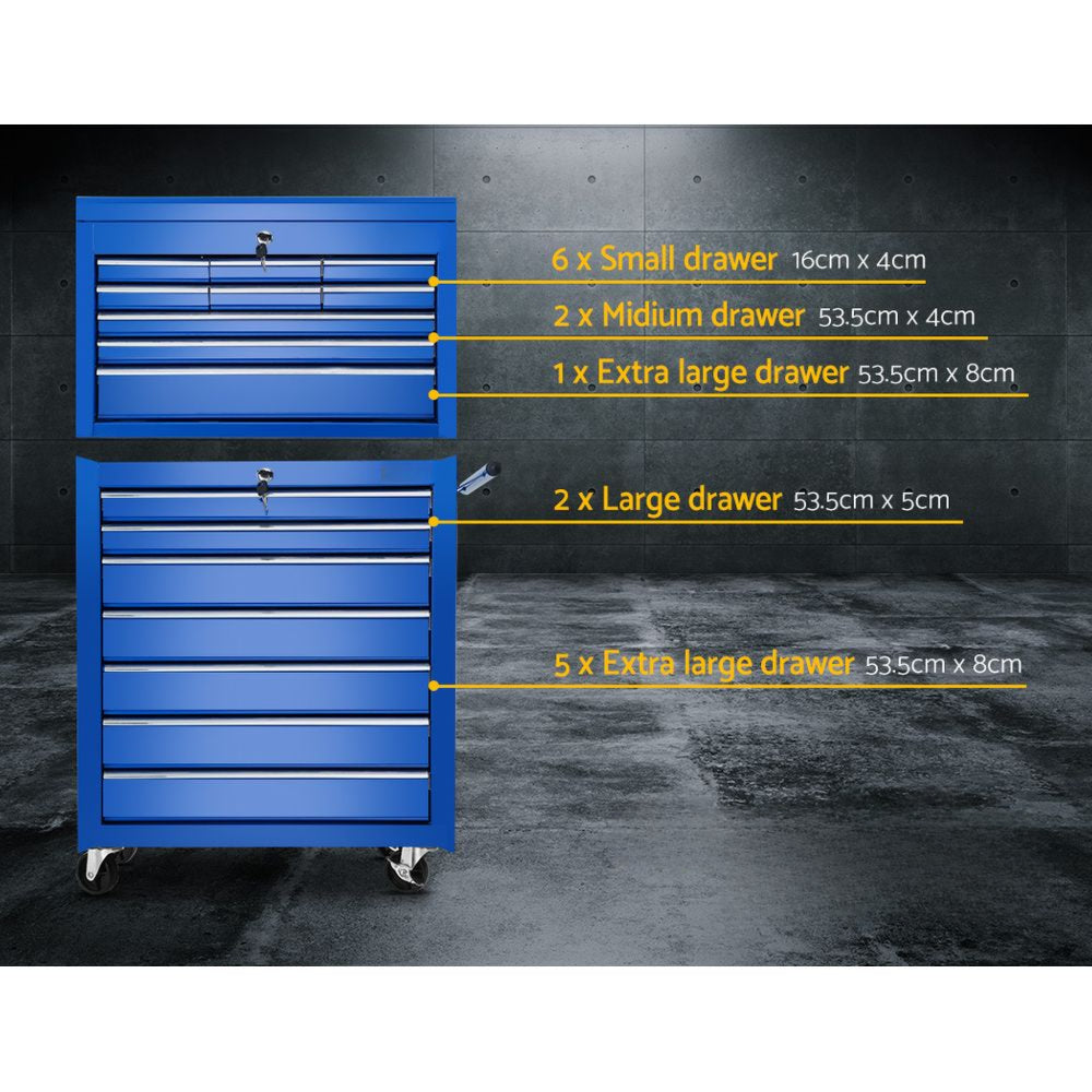 Tool Chest Trolley Box Cabinet Cart Garage Storage Blue - 16 Drawers